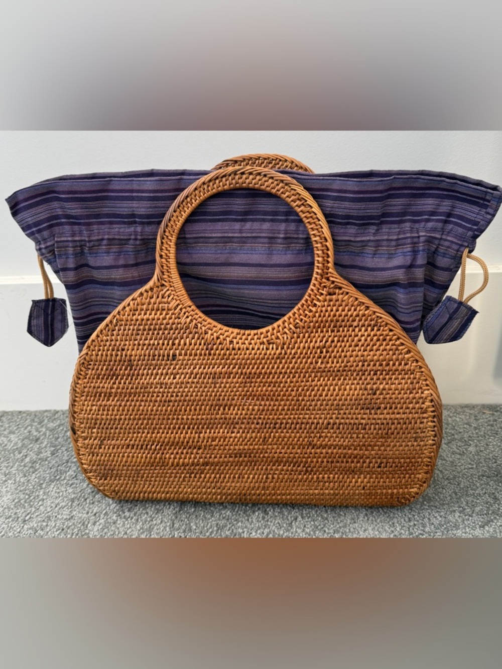 Anthropologie Bali rattan reed woven weave honey brown medium hand bag tote lned - Picture 5 of 6